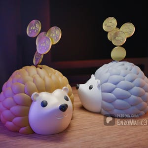 May include: Two hedgehog-shaped piggy banks, one yellow and one light blue, with coins above them. The hedgehogs have white faces and black eyes. The yellow hedgehog has a light brown body, and the light blue hedgehog has a light blue body.
