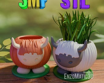 かわいい赤ちゃんハイランドカウ - 植木鉢プランター、鉛筆ホルダー - 3MF 塗装済み、3D モデル STL