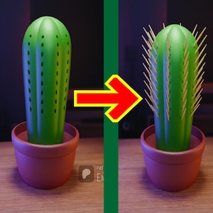 以下が含まれることがあります： 穴の開いた緑色のサボテンが、つまようじを棘にしたサボテンに変身しています。