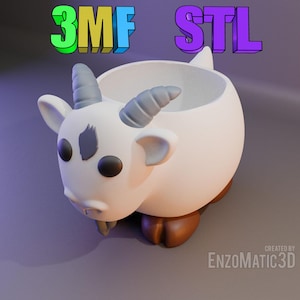 May include: A white ceramic planter shaped like a goat with brown hooves. The planter has a large opening on the top for planting. The text "3MF STL" is in the upper right corner of the image.