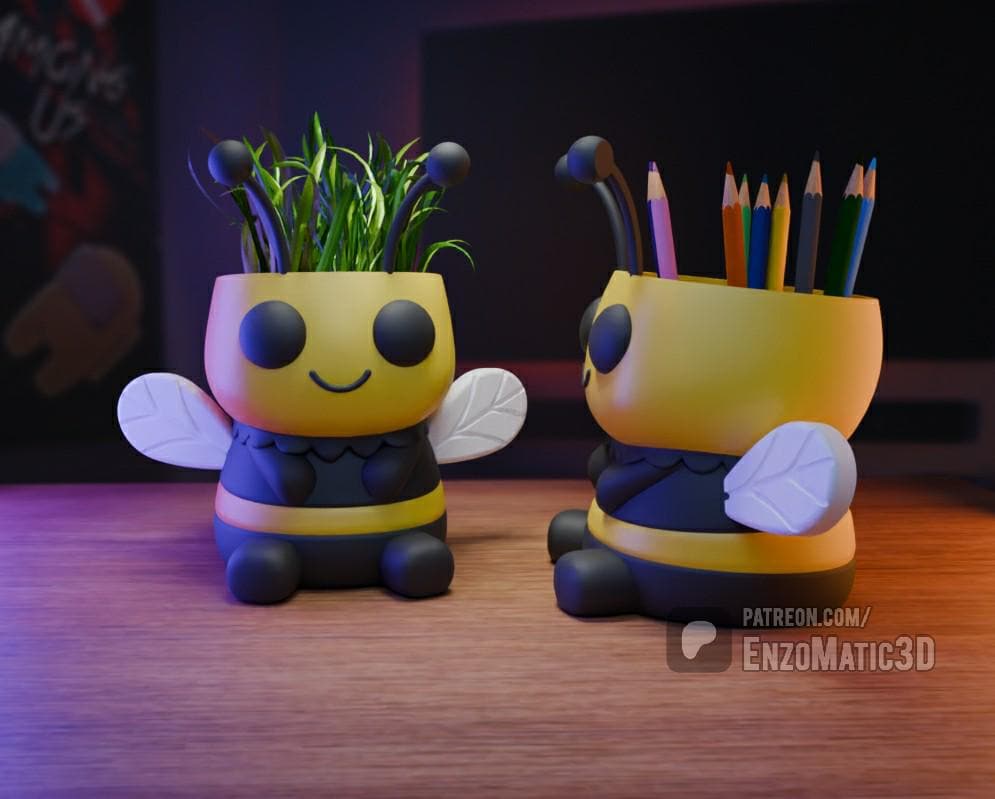 cute baby bee - flower pot, planter, pencil holder - 3mf, STL file for 3d printer, 3d printing