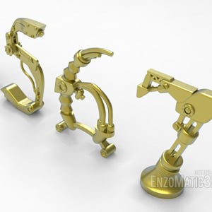 May include: Four gold-colored metal robot arms with articulated joints. The arms are in various positions, some are extended and some are bent. The arms are made of metal and have a shiny finish. The arms are designed to be used in a variety of applications, such as manufacturing, construction, and robotics.