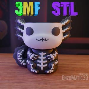 Puede incluir: Una figura impresa en 3D en blanco y negro de un ajolote con un disfraz de esqueleto. La figura está sentada sobre una superficie de madera. El texto "3MF STL" es visible en el fondo.