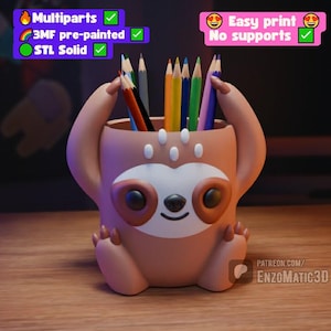sloth bear flower pot, planter, pencil holder - 3mf, STL file for 3d printer, 3d printing