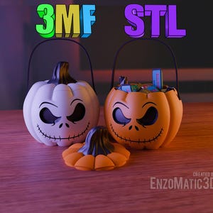 May include: Two orange and white Halloween trick-or-treat buckets shaped like Jack Skellington's face. One bucket is filled with candy. The buckets are labeled "3MF" and "STL".