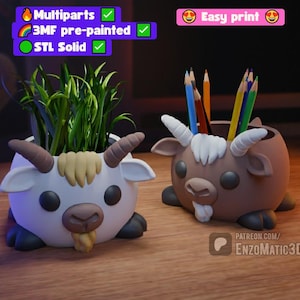 Può includere: Due contenitori rotondi a forma di animale, uno bianco e uno marrone, con corna, orecchie e zoccoli da capra. Il contenitore bianco contiene erba verde, quello marrone matite colorate. Testo: Multiparts, 3MF pre-painted, STL Solid, Easy print, patreon.com/EnzoMatic3D.