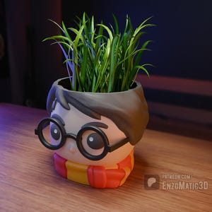 May include: A Harry Potter themed planter with a brown hair, glasses, and a red and yellow scarf. The planter is filled with green grass.