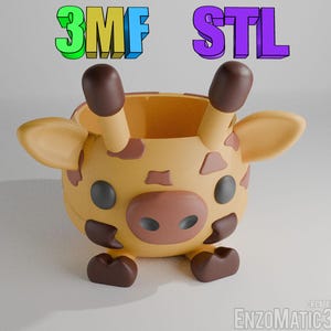 May include: A brown and tan giraffe-shaped ceramic planter with a brown rim and black eyes. The planter has a small opening at the top for planting. The planter is sitting on a white surface.