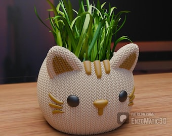 knitted cat pot - flower pot, planter, pencil holder - 3mf, STL for 3d printer, 3d printing