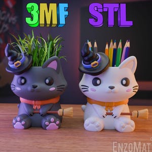 May include: Two black and white cat-shaped planters with witch hats. One planter has a green plant growing out of it. The other planter has a bunch of colored pencils in it. The planters are labeled "3MF" and "STL".