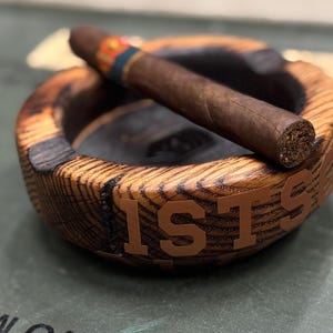 Custom Circular Oak Cigar Ashtray with Rank or Name – Rustic Pallet Wood Military Gift for Cigar Lovers