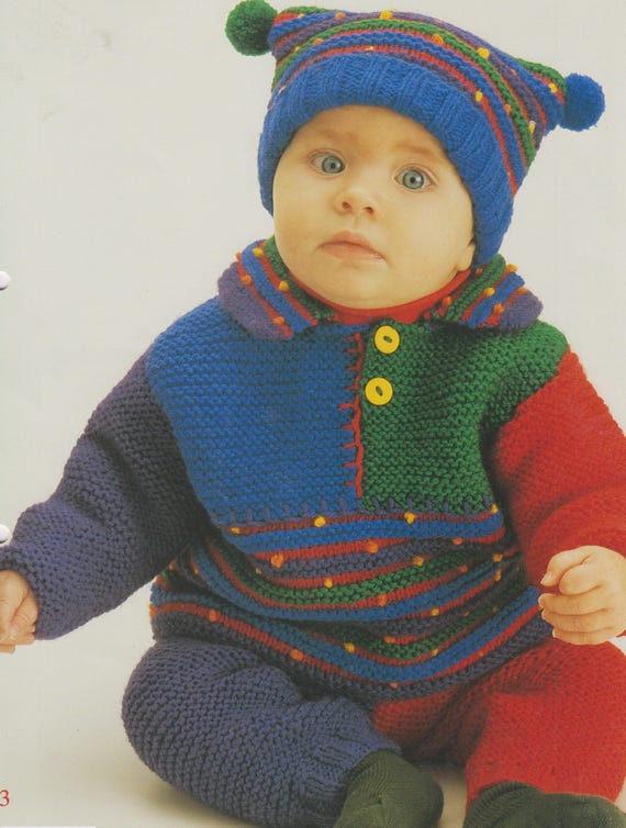 Three colorful baby cardigans, leggings, and hats patterns