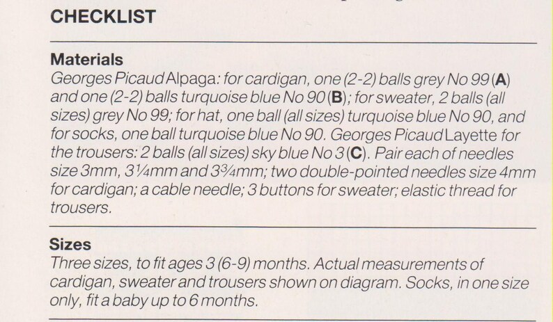 Puede incluir: Una lista de verificaci&oacute;n para tejer un c&aacute;rdigan, un su&eacute;ter, un gorro, calcetines y pantalones para beb&eacute;. La lista incluye los materiales necesarios, como la lana, las agujas y los botones, as&iacute; como las tallas para cada prenda.