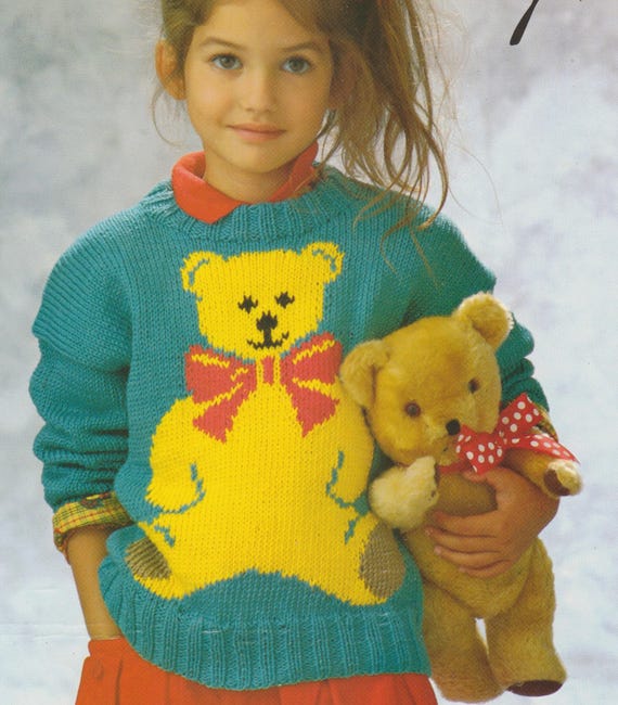 Teddy Bear Sweater Knitting Pattern, Child's Cotton D.K. Yarn (PDF Pattern)