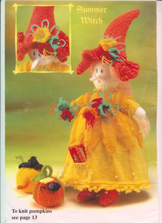 Knitted Witches with Pumpkins, Cat, Mushrooms (Pattern)
