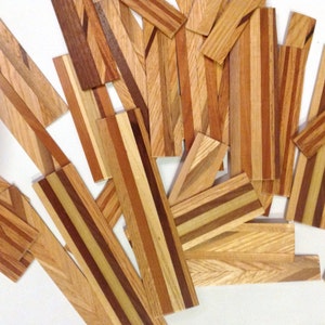 May include: A collection of small, rectangular wooden pieces in various shades of brown and tan. Some pieces feature a striped pattern, while others have a chevron design. The wood appears to be of different types, creating a mix of colors and textures.
