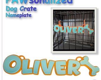 Personalized Dog Nameplate | Custom 3D Printed Pet Crate Sign with Clips - Bone