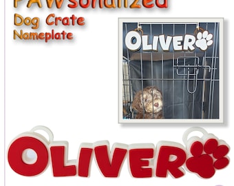 Personalized Dog Nameplate | Custom 3D Printed Pet Crate Sign with Clips - Paw