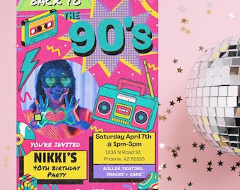 90s Birthday Party Invitation | Retro 90s Theme Invite Template