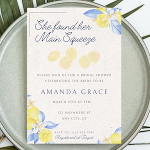 Main Squeeze Bridal Shower Invitation | Lemon Bridal Shower Invite | She Found Her Main Squeeze | Printable Bridal Shower Template