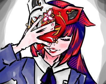 May include: A woman with red and blue hair wears a white and red fox mask with gold accents and a pink flower design. She is wearing a blue blazer with a white shirt and a dark blue bow tie.