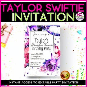 Convite Taylor Swiftie - Convite de aniversário para meninas - Rosa - Roxo - Convite editável - Modelos - Personalizável