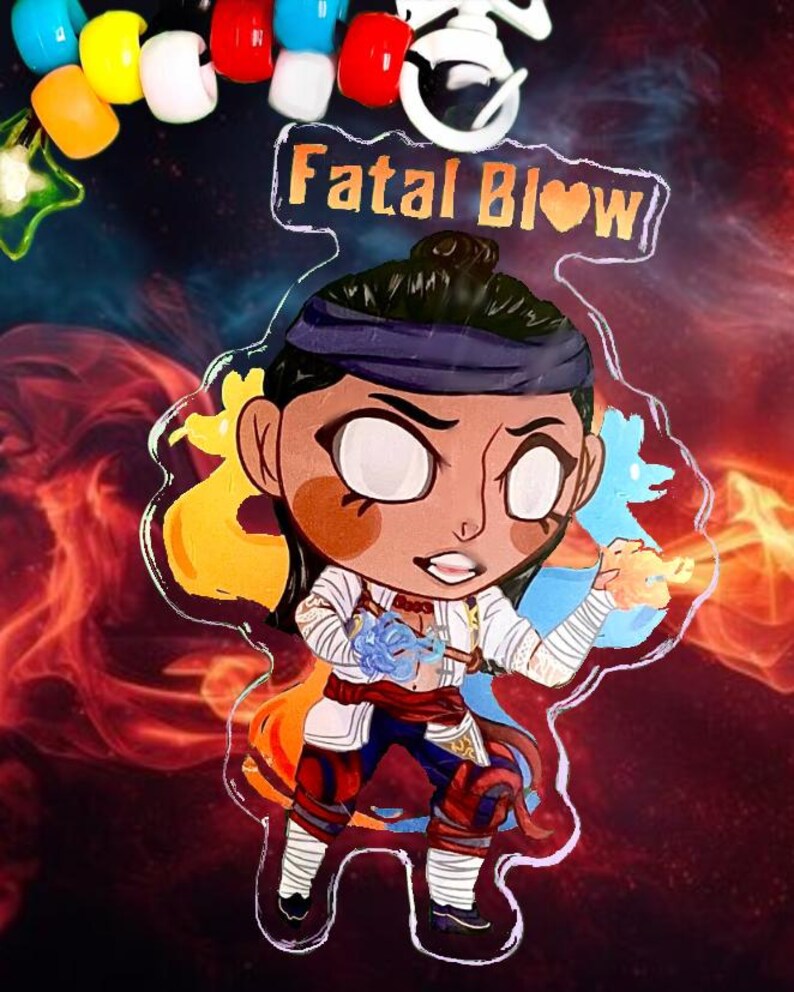 May include: A clear acrylic keychain featuring a cartoon character with brown hair, a blue headband, and a red and white outfit. The character is holding a blue and white orb in one hand and a red and orange orb in the other. The keychain has the text "Fatal Blow" in gold letters with a heart symbol.