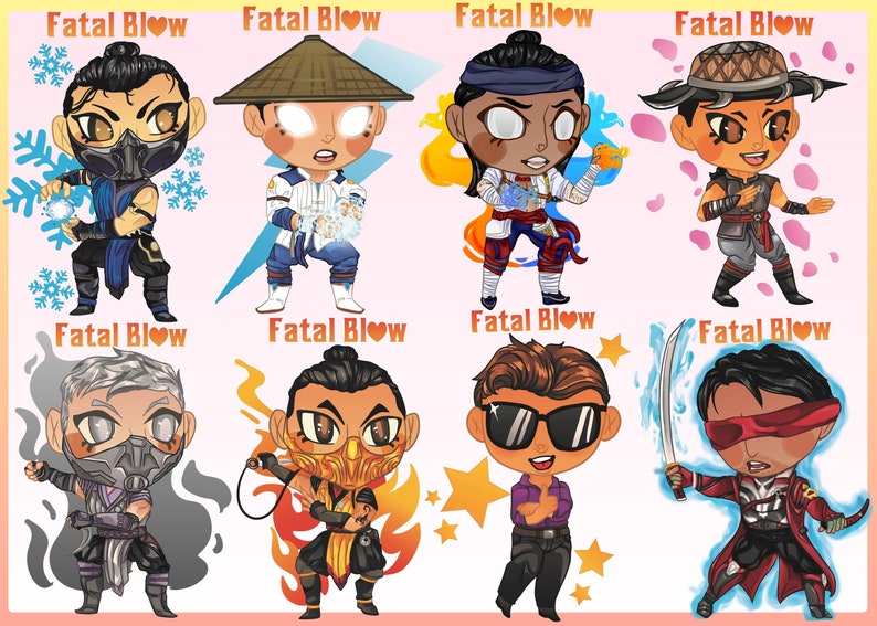 The Mortal Kombat 1 characters SubZero, Raiden, LiuKang, KungLao, Smoke, Scorpion, Johnny and Kenshi in a chibi style with the words Fatal Blow overtop them with the O replaced by a heart.