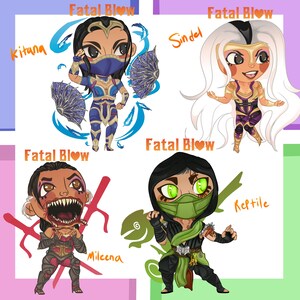 May include: Four digital illustrations of female characters from the Mortal Kombat video game series. Each character is depicted in a chibi style with a unique pose and weapon. The characters are Kitana, Sindel, Mileena, and Reptile. Each character has the text "Fatal Blow" above their head.