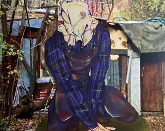 May include: An acrylic standee featuring a character wearing a beige burlap sack mask with one visible eye, dressed in a blue and black plaid long-sleeve shirt and dark overalls. A small red heart and a skull icon float near the character's head.