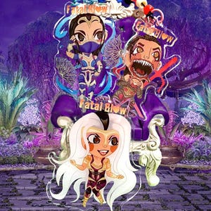 May include: Three colorful acrylic charms featuring anime-style characters with the text "Fatal Blow" on each charm. The characters are wearing colorful outfits and have large eyes. The charms are hanging from a purple throne.