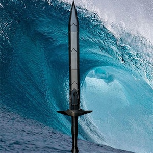 May include: A black sword with a sharp point and a cross guard stands upright in front of a large blue wave.