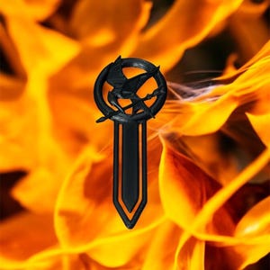 May include: A black bookmark featuring the Mockingjay symbol from the Hunger Games. The symbol is a stylized bird with arrows crossed behind it, all within a circle. The bookmark is against a blurred background of orange and yellow flames.