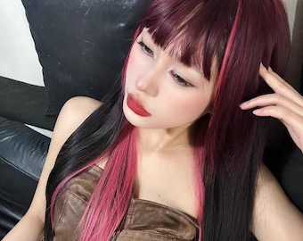 Rose Red Highlight Schwarze Perücke, 70 cm Lang Gerade Cosplay Perücke