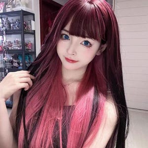 女性用ローズピンクグラデーションブラックコス70cmロングストレートブラックローズピンクストレートハイライトヘアカラー（コスといいね専用）