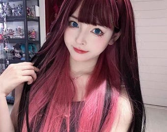 Rose Pink Gradient Black Wig, 70cm Cosplay Hair
