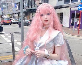 Pink wool curly super long wig pink natural bangs wig role play wig exquisite princess wig 100 cm long wig (only for cos and likes)