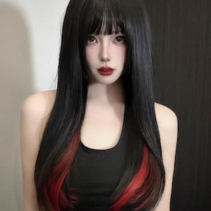 Girls black and red highlights full head wig cos70cm long straight hair Lolita70cm black and red straight hair color (only for cos and like)