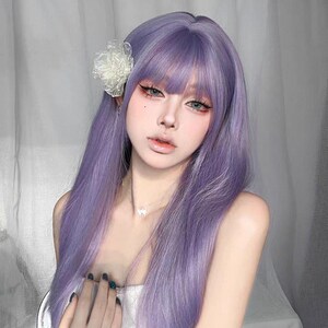 Romantic girl purple female full head cover cos 70cm long straight hair Lolita 70cm purple straight hair color (only for cos and likes)