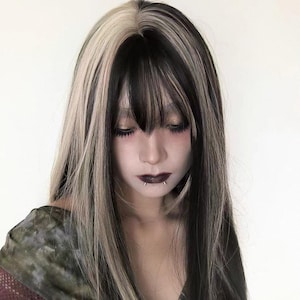 Cool black and white color long straight hair cos 70cm long straight hair Lolita punk straight hair color (only for cos and likes)