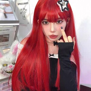 Strawberry Red Female Full Head Cover Cos 70cm Long Straight Hair Lolita 70cm Strawberry Red Straight Hair Color (Only for Cos and Like)