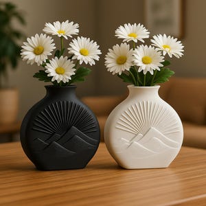 3D Printed Modern Vase with Mountain Sun Design, Minimalist Home Decor, Black and White Options