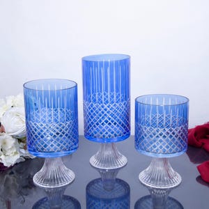 Emerald Green Pedestal Vases – Set of 3 – Cut Glass Footed Flower Vases or Dessert Bowls – Elegant Table Decor