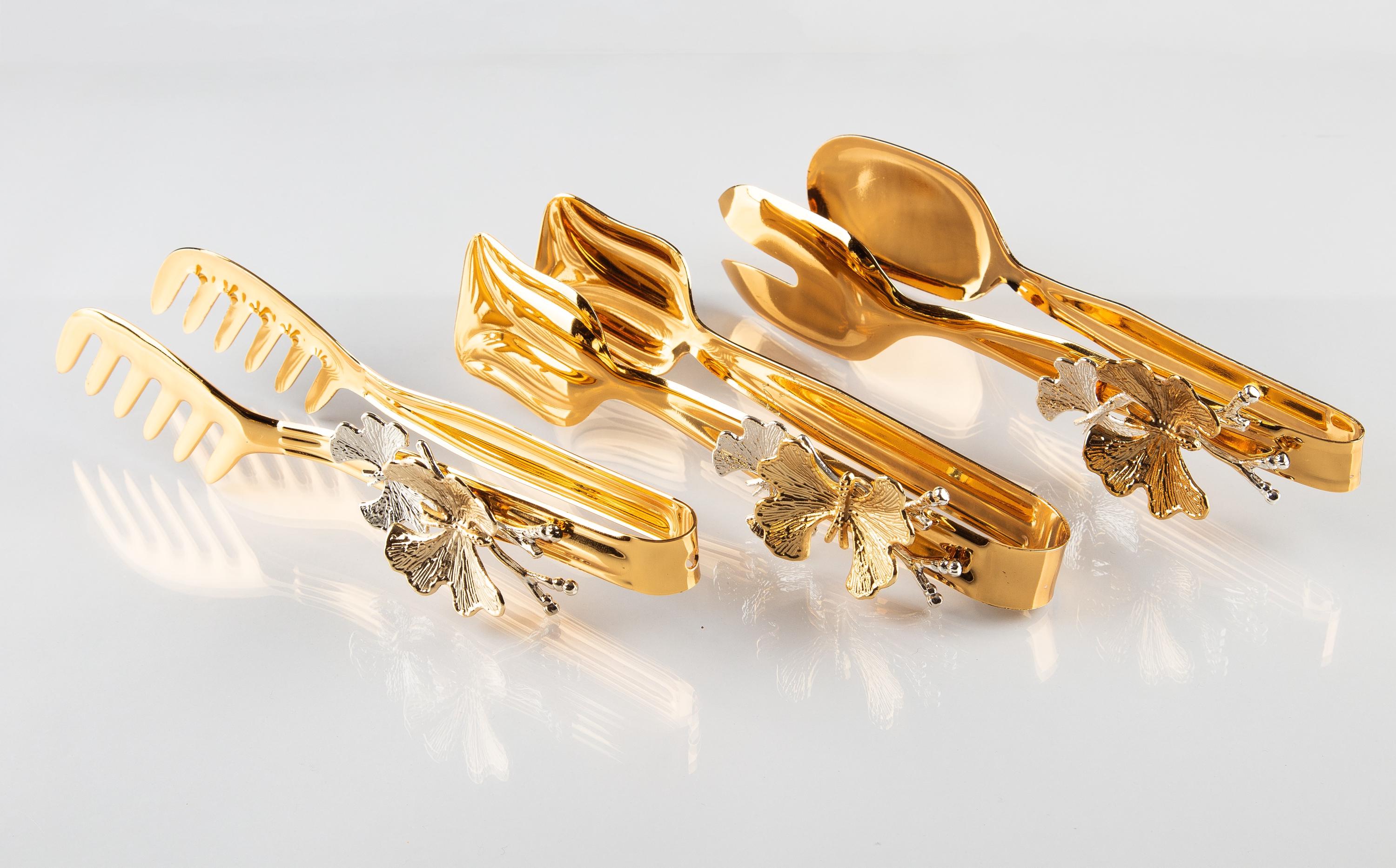 Luxury Serving Tongs Set – 3-Piece Gold-Plated Set with Floral Handle – Black, White or Silver Flower Options