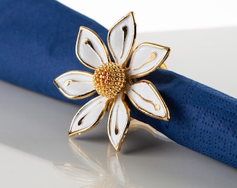 Flower Napkin Rings – Set of 6 – White or Black Enamel with Gold Trim – Elegant Handmade Table Decor