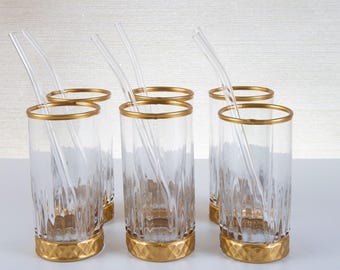 Oslo Water Glass Set – 280 ml Gold-Detail Glasses with Straws | 12-Piece Elegant Drinkware Set