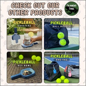 May include: Image showcasing pickleball accessories: coasters, a ball holder, a key bowl, and bag tags. The coasters are paddle-shaped, the ball holder has two pickleballs, the key bowl holds keys, and the bag tags are letter-shaped. The text "CHECK OUT OUR OTHER PRODUCTS" is at the top.
