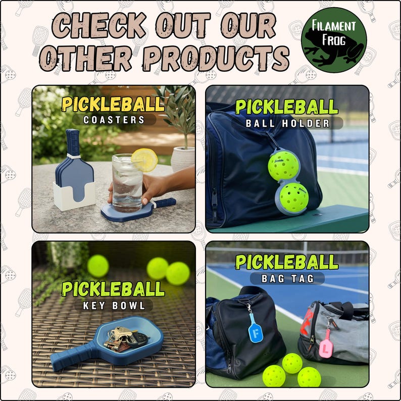 May include: Image showcasing pickleball accessories: coasters, a ball holder, a key bowl, and bag tags. The coasters are paddle-shaped, the ball holder has two pickleballs, the key bowl holds keys, and the bag tags are letter-shaped. The text "CHECK OUT OUR OTHER PRODUCTS" is at the top.