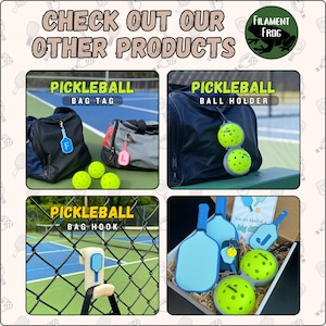 May include: A collage featuring pickleball accessories including bag tags with letters, a ball holder attached to a bag, a bag hook on a fence, and a gift box containing paddles, a ball holder, and pickleballs with the text Filament Frog.