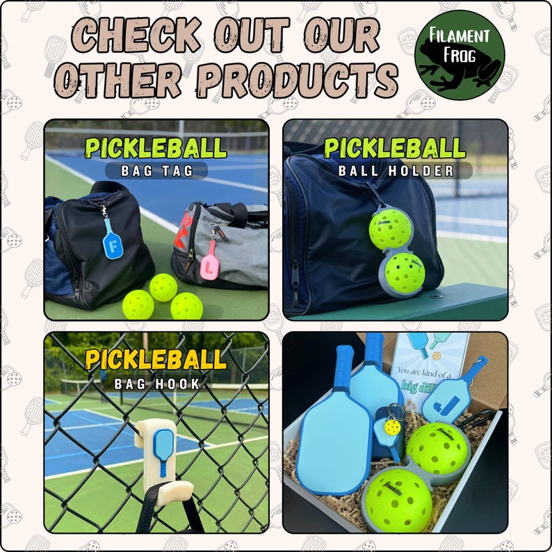 May include: A collage featuring pickleball accessories including bag tags with letters, a ball holder attached to a bag, a bag hook on a fence, and a gift box containing paddles, a ball holder, and pickleballs with the text Filament Frog.
